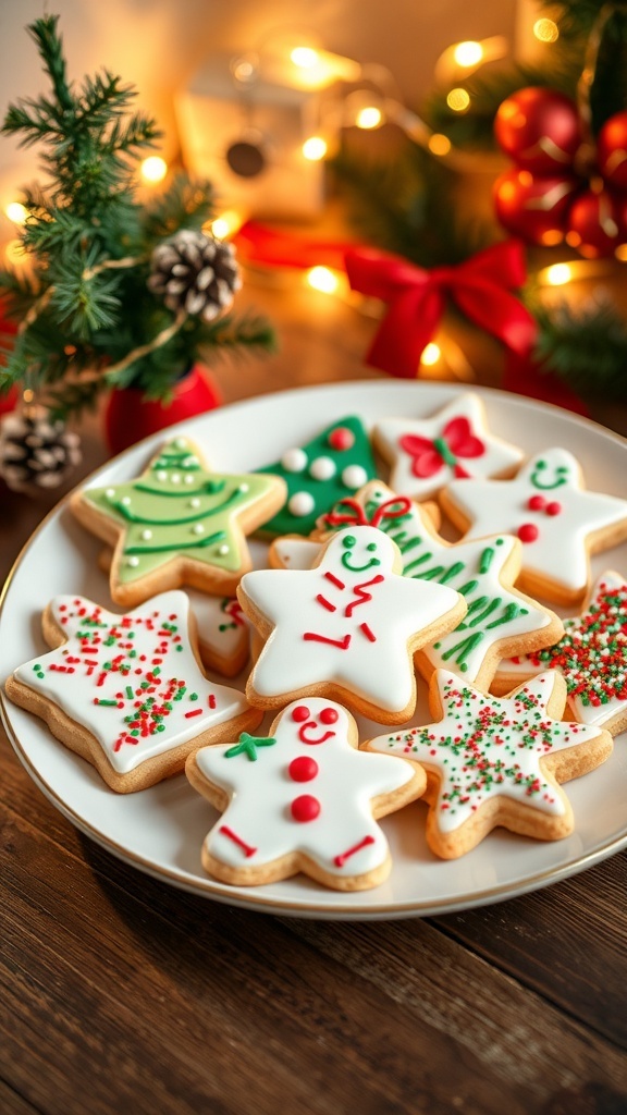 A plate of colorful Christmas cookies with icing and sprinkles, surrounded by holiday decorations.